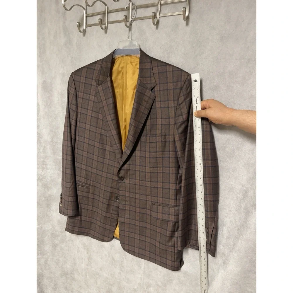 Tom James Blazer Men 44R Brown Blue Tartan Plaid Surgeon Cuffs Flannel Bespoke